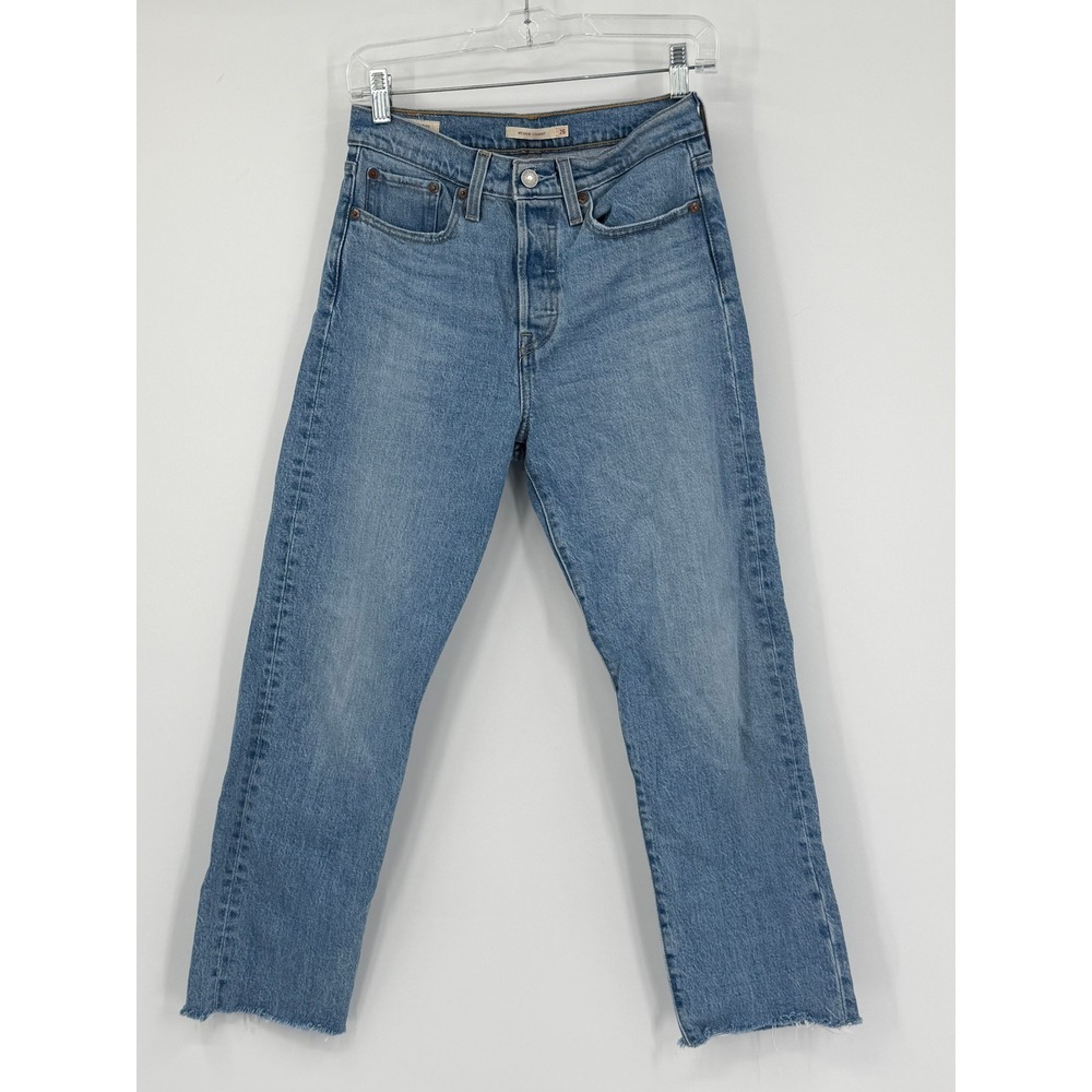 Levis Premium Wedgie Straight Jeans 26 Medium Wash Blue High Rise Raw Hem